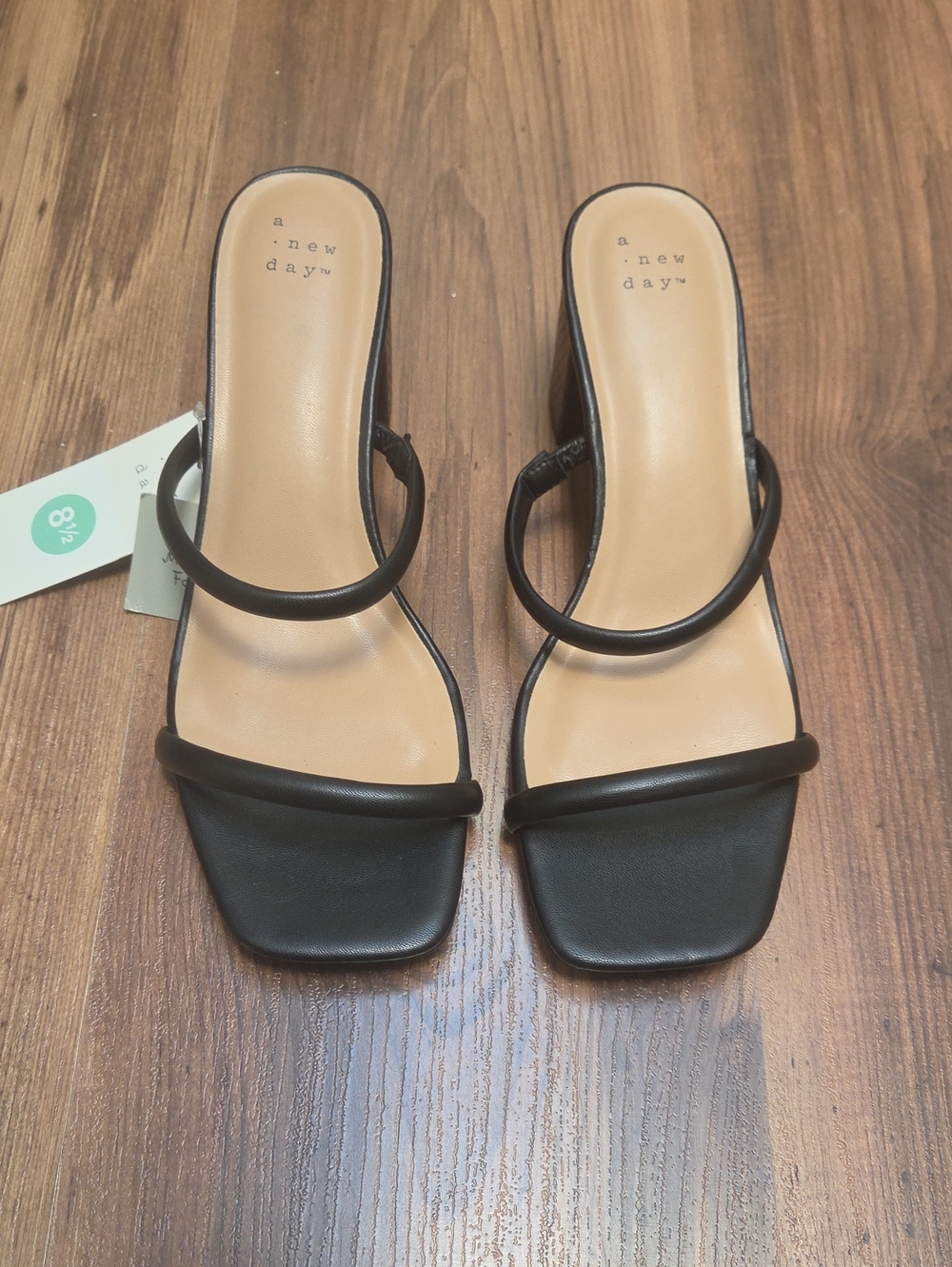a new day Black Double-Strap Square-Toe Block Heel Sandals
